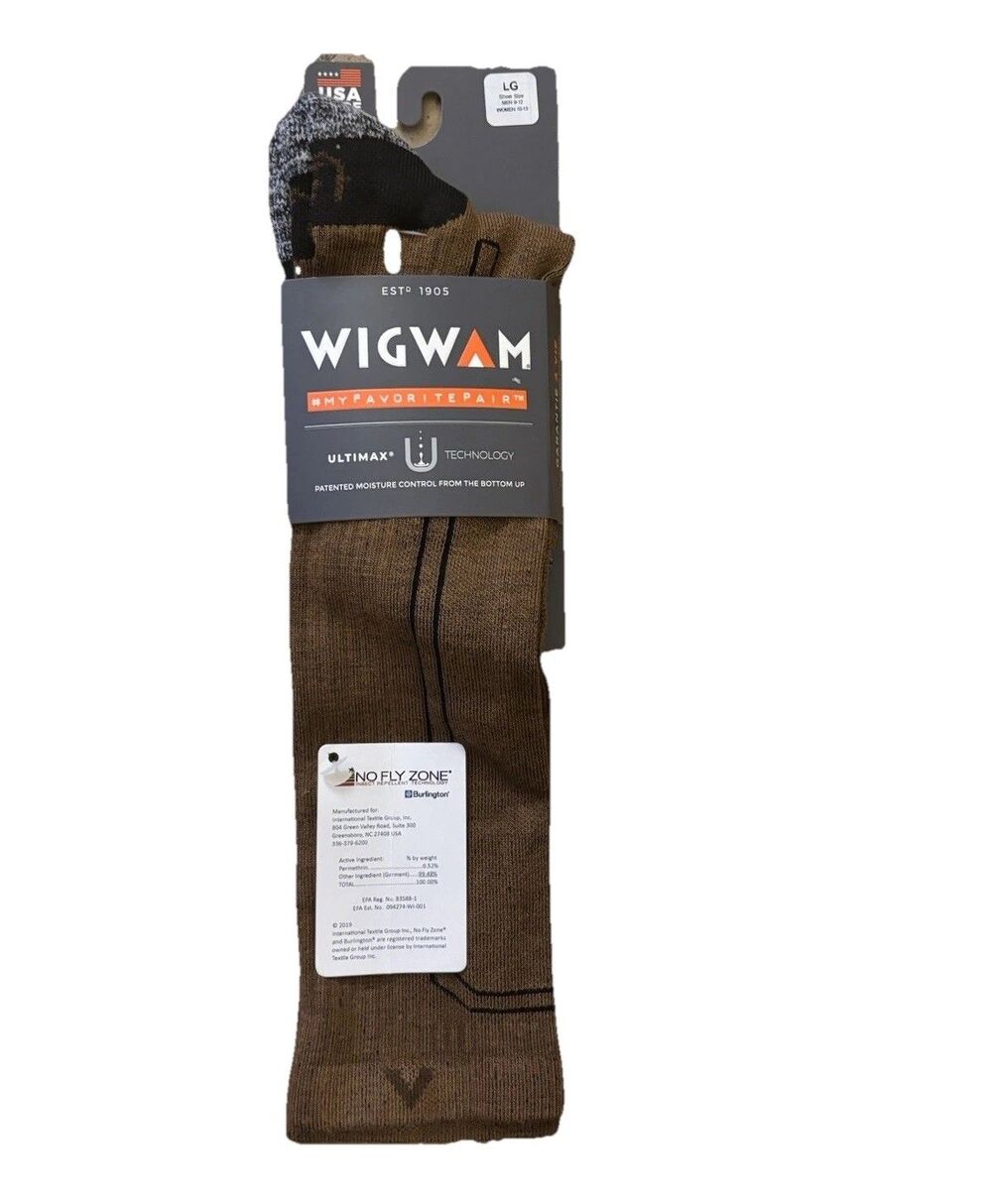Wigwam Ultimax No Fly Zone Outdoor Socks LG Brown Moisture Control Insect Rep